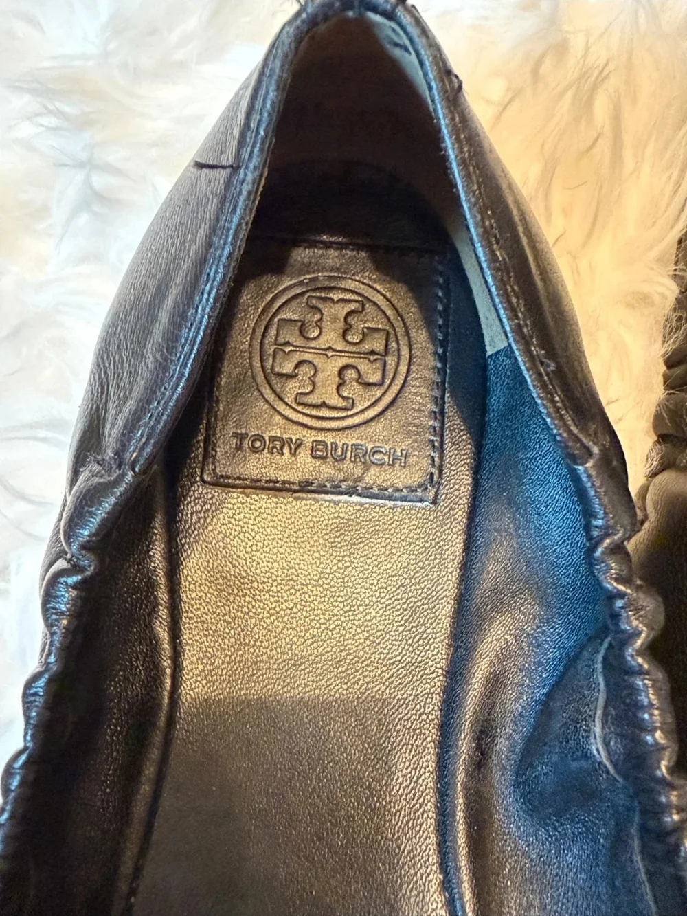 Tory Burch Black Leather Flats with Gold Decorative Cap Toe